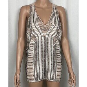 Storee Women’s Size Large Sleeveless V-Neck Sequined Blouse In Blush